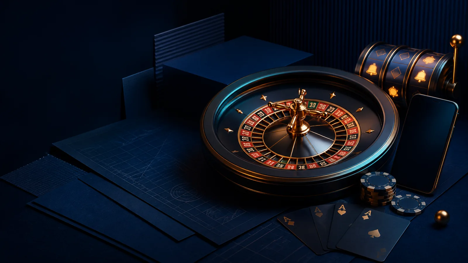 Hero kasino editorial dengan roulette, kartu, slot, dan perangkat