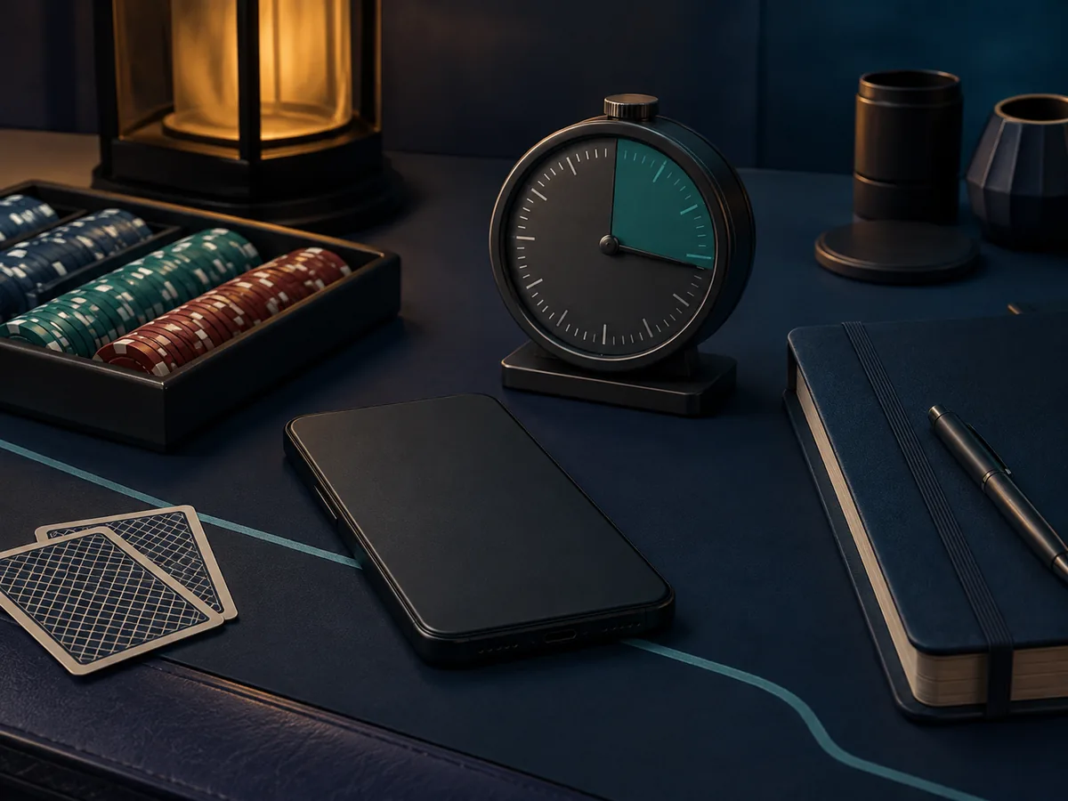 Timer, ponsel tertutup, catatan, dan chip tersimpan